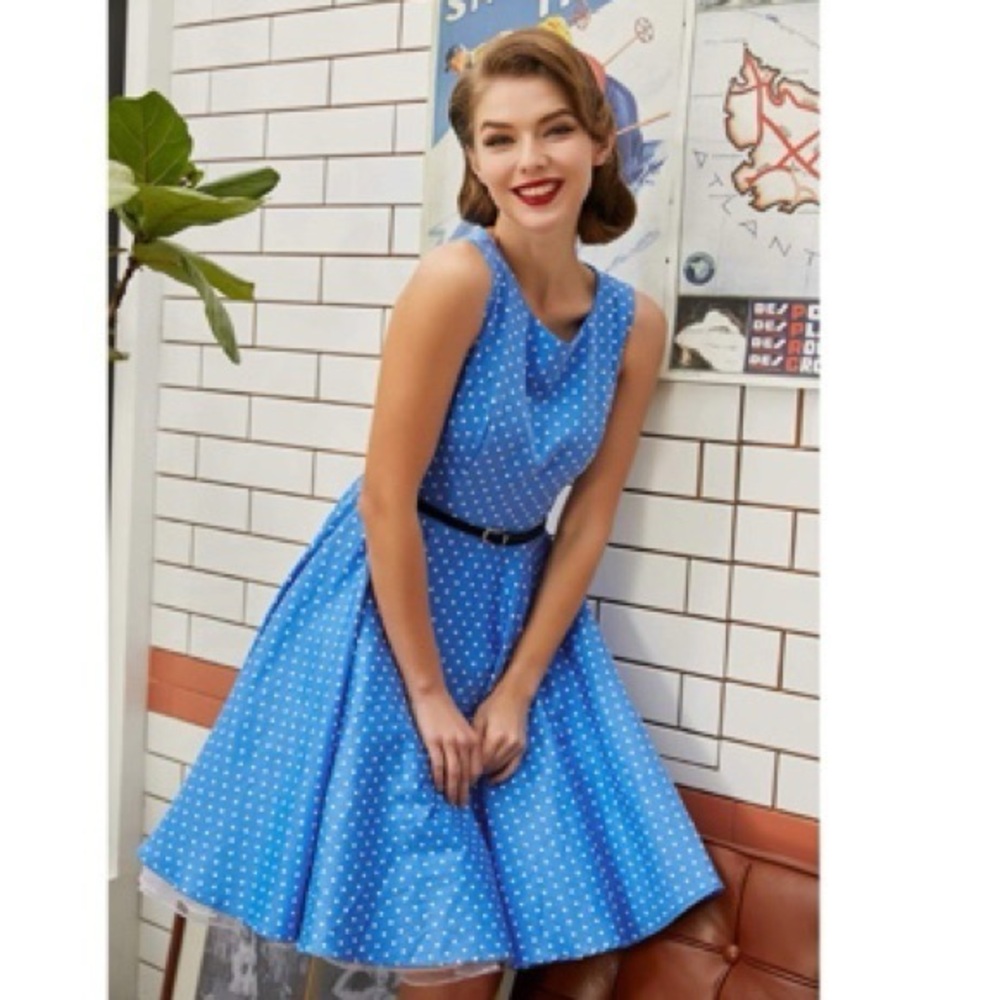 Elegant Blue Polka Dot Pinup Dress
